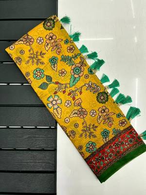 yellow color kalamkari prints contrast pallu cotton blend saree 5