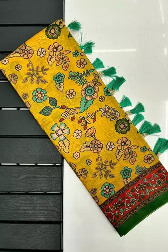 yellow color kalamkari prints contrast pallu cotton blend saree