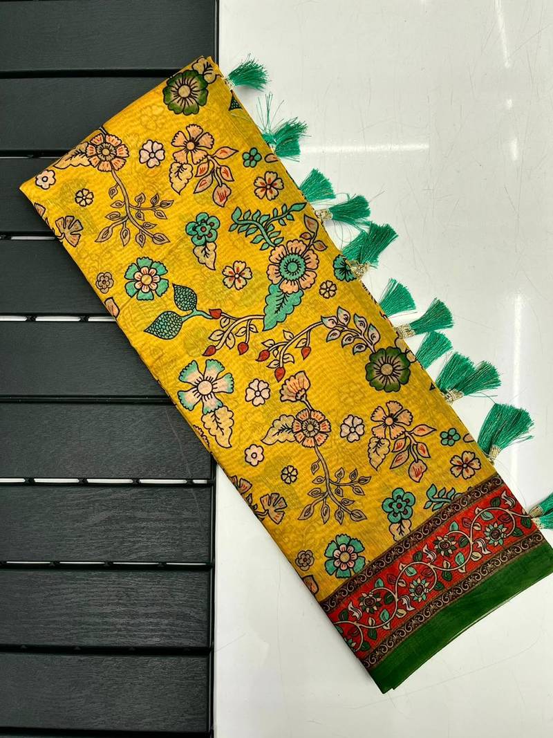 yellow color kalamkari prints contrast pallu cotton blend saree