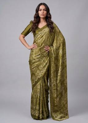 Green printed satin saree with blouse 2