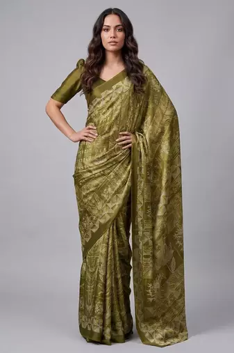 Green printed satin saree with blouse