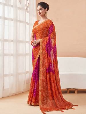 Women's orange bandhani print chiffon bandhej style saree with matching blouse 3