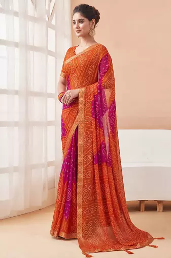 Women's orange bandhani print chiffon bandhej style saree with matching blouse