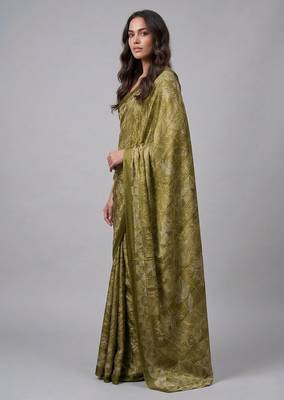 Green printed satin saree with blouse 3