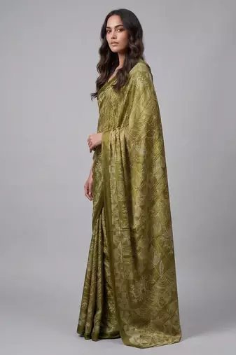 Green printed satin saree with blouse