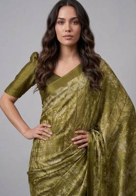 Green printed satin saree with blouse 4