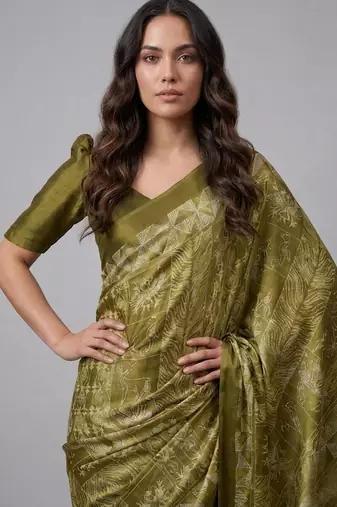 Green printed satin saree with blouse