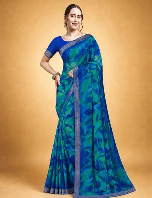 Women's blue chiffon geomatric print chiffon saree with blouse 1