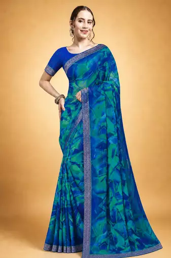 Women's blue chiffon geomatric print chiffon saree with blouse