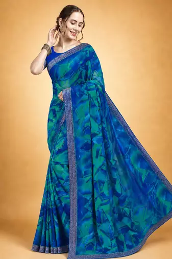 Women's blue chiffon geomatric print chiffon saree with blouse