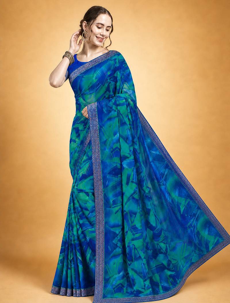 Women's blue chiffon geomatric print chiffon saree with blouse