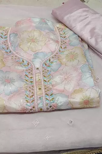 Baby pink color sequence heavy organza straight churidar dress material