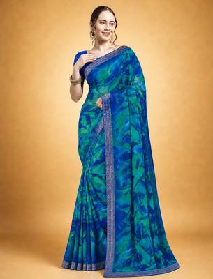 Women's blue chiffon geomatric print chiffon saree with blouse 3