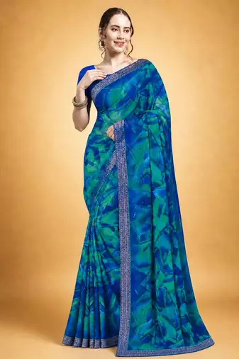Women's blue chiffon geomatric print chiffon saree with blouse