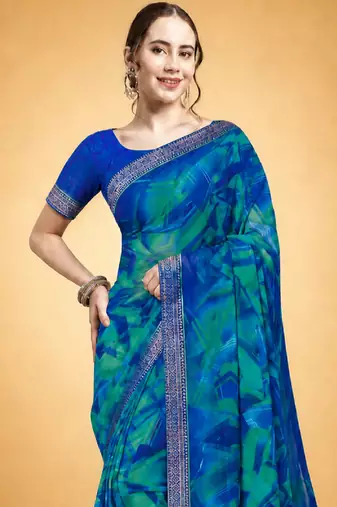 Women's blue chiffon geomatric print chiffon saree with blouse