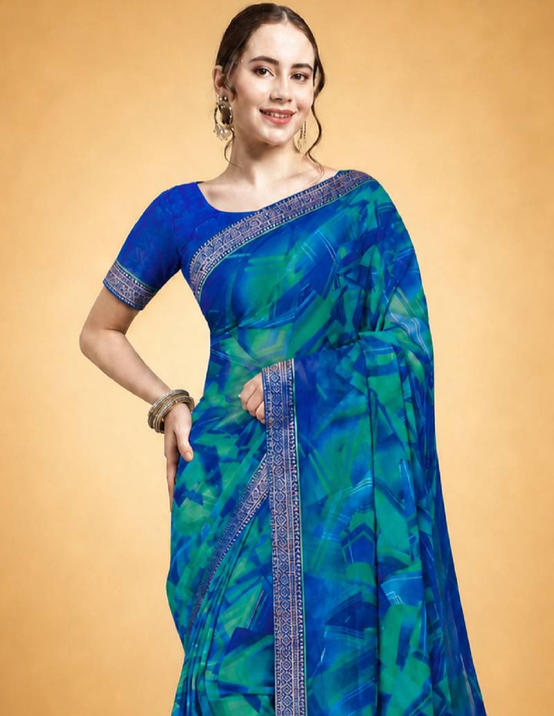 Women's blue chiffon geomatric print chiffon saree with blouse