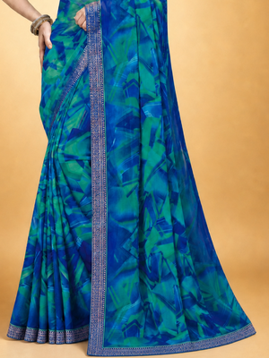 Women's blue chiffon geomatric print chiffon saree with blouse 5