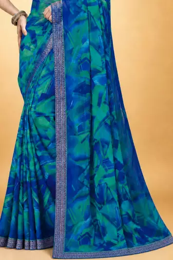 Women's blue chiffon geomatric print chiffon saree with blouse