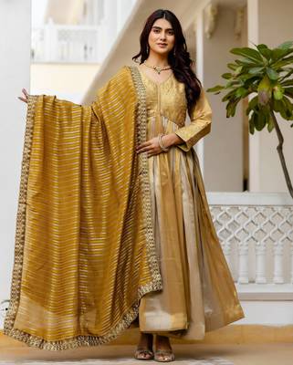 mustard color embroidery work silk blend salwar suit 1