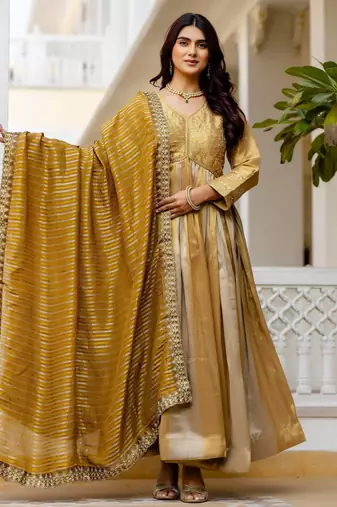 mustard color embroidery work silk blend salwar suit