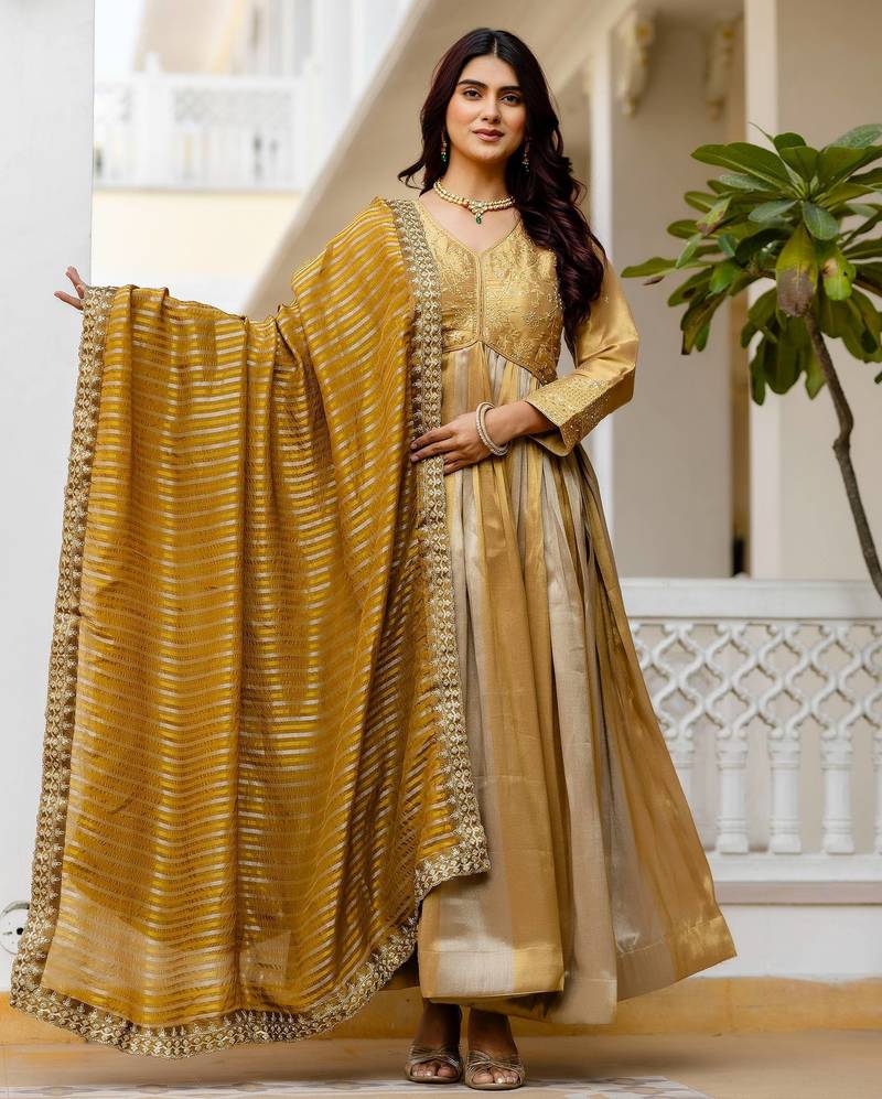 mustard color embroidery work silk blend salwar suit