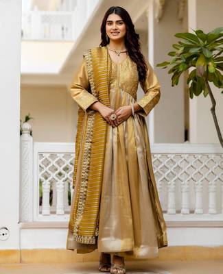 mustard color embroidery work silk blend salwar suit 2