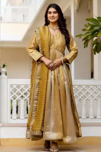 mustard color embroidery work silk blend salwar suit