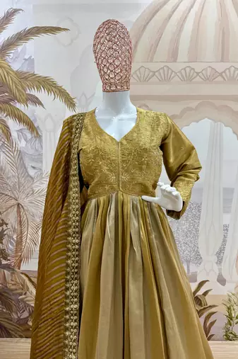 mustard color embroidery work silk blend salwar suit