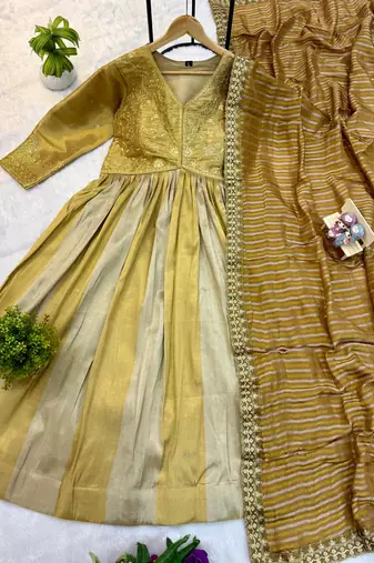 mustard color embroidery work silk blend salwar suit