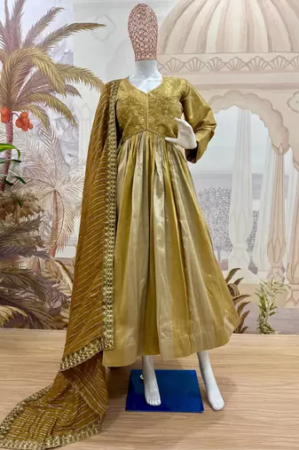mustard color embroidery work silk blend salwar suit