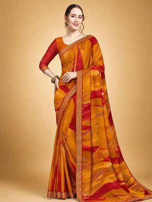 Women's yellow red chiffon geomatric print chiffon saree with blouse 1