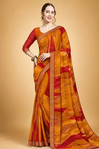Women's yellow red chiffon geomatric print chiffon saree with blouse