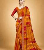 Women's yellow red chiffon geomatric print chiffon saree with blouse