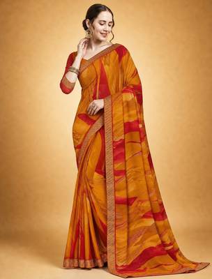 Women's yellow red chiffon geomatric print chiffon saree with blouse 2