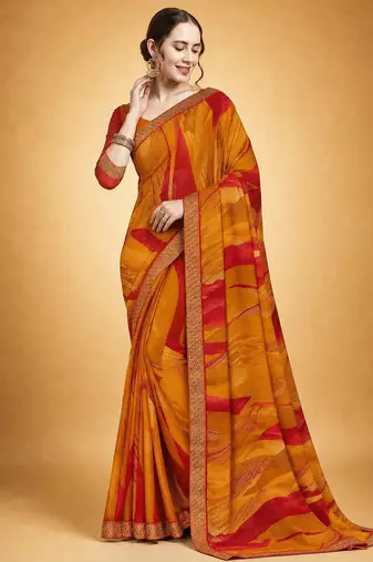 Women's yellow red chiffon geomatric print chiffon saree with blouse