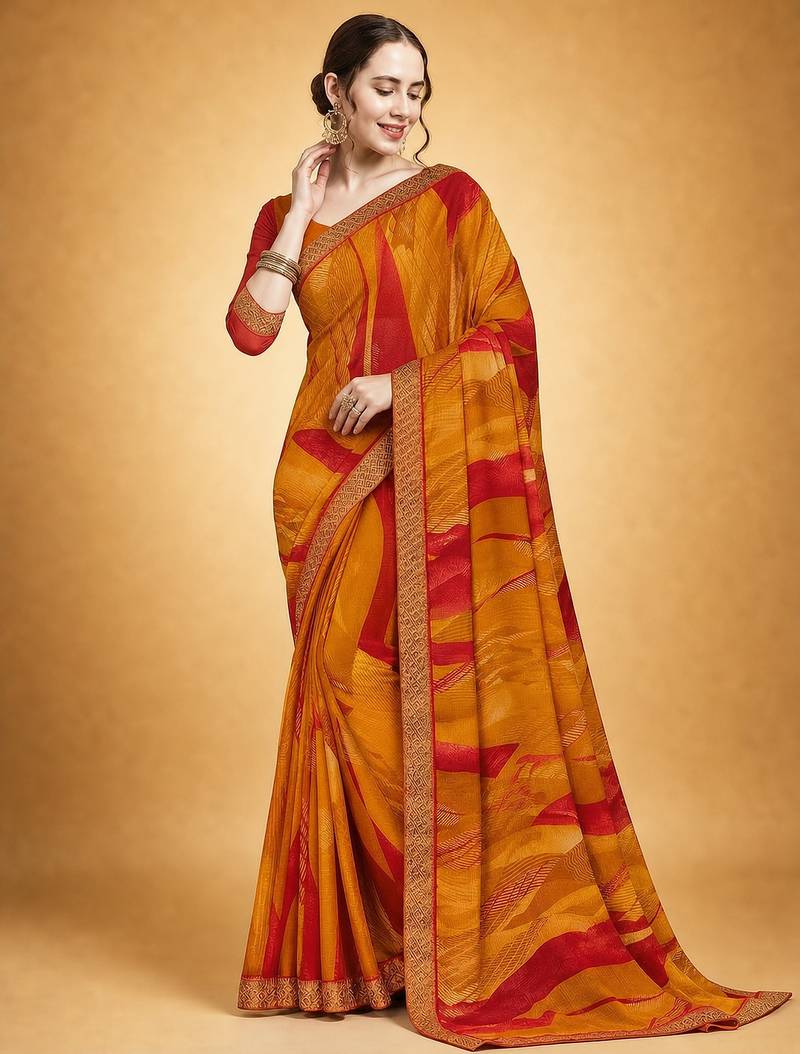 Women's yellow red chiffon geomatric print chiffon saree with blouse