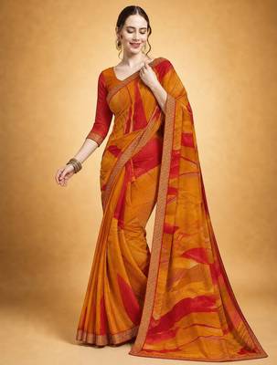 Women's yellow red chiffon geomatric print chiffon saree with blouse 3
