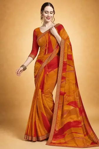 Women's yellow red chiffon geomatric print chiffon saree with blouse