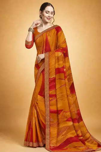 Women's yellow red chiffon geomatric print chiffon saree with blouse