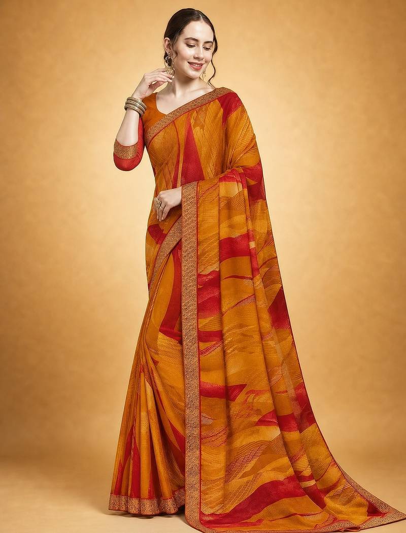 Women's yellow red chiffon geomatric print chiffon saree with blouse