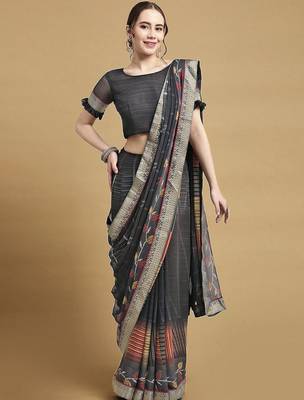 Women's black chiffon geomatric print chiffon saree with blouse 1