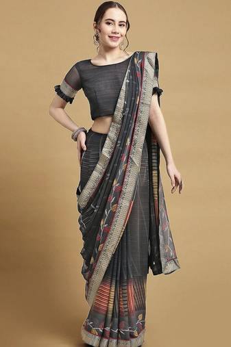 Women's black chiffon geomatric print chiffon saree with blouse