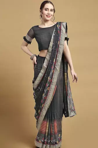 Women's black chiffon geomatric print chiffon saree with blouse