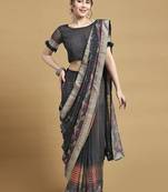 Women's black chiffon geomatric print chiffon saree with blouse
