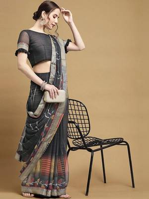 Women's black chiffon geomatric print chiffon saree with blouse 2
