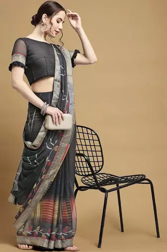 Women's black chiffon geomatric print chiffon saree with blouse