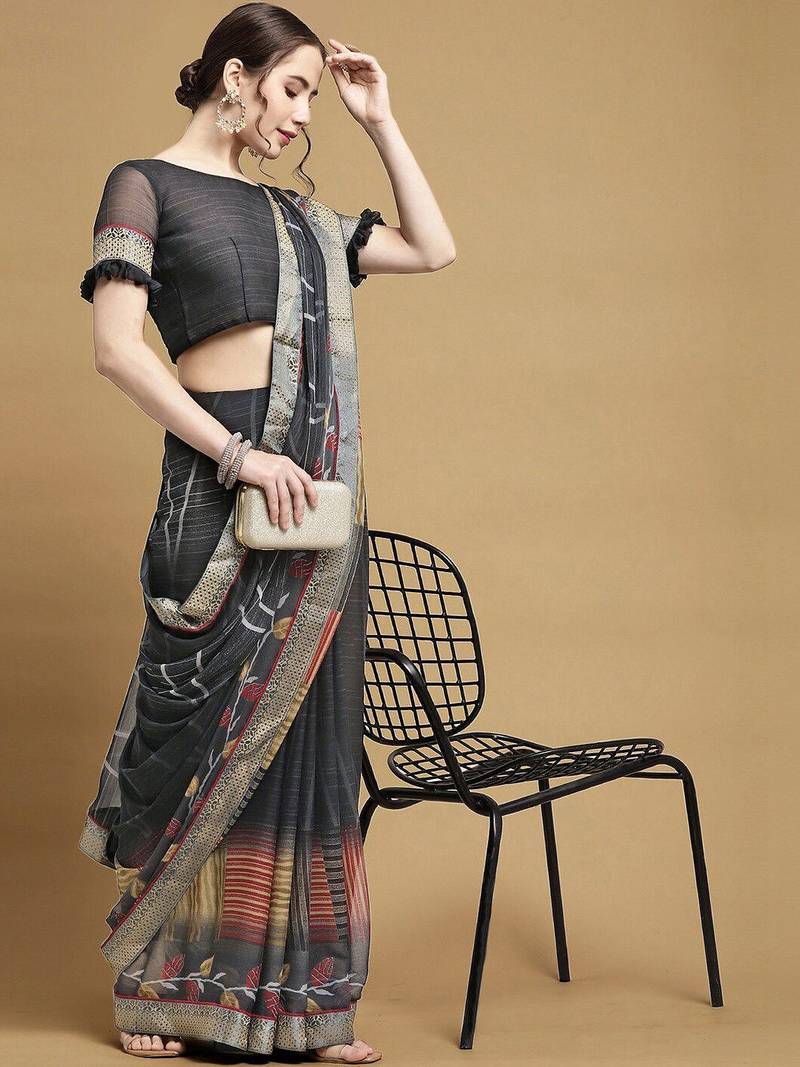 Women's black chiffon geomatric print chiffon saree with blouse