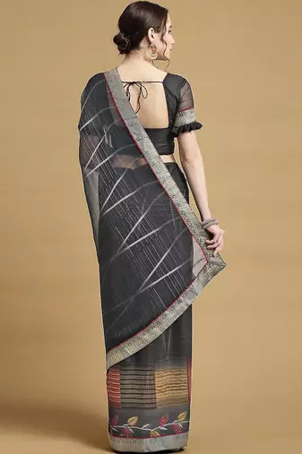 Women's black chiffon geomatric print chiffon saree with blouse