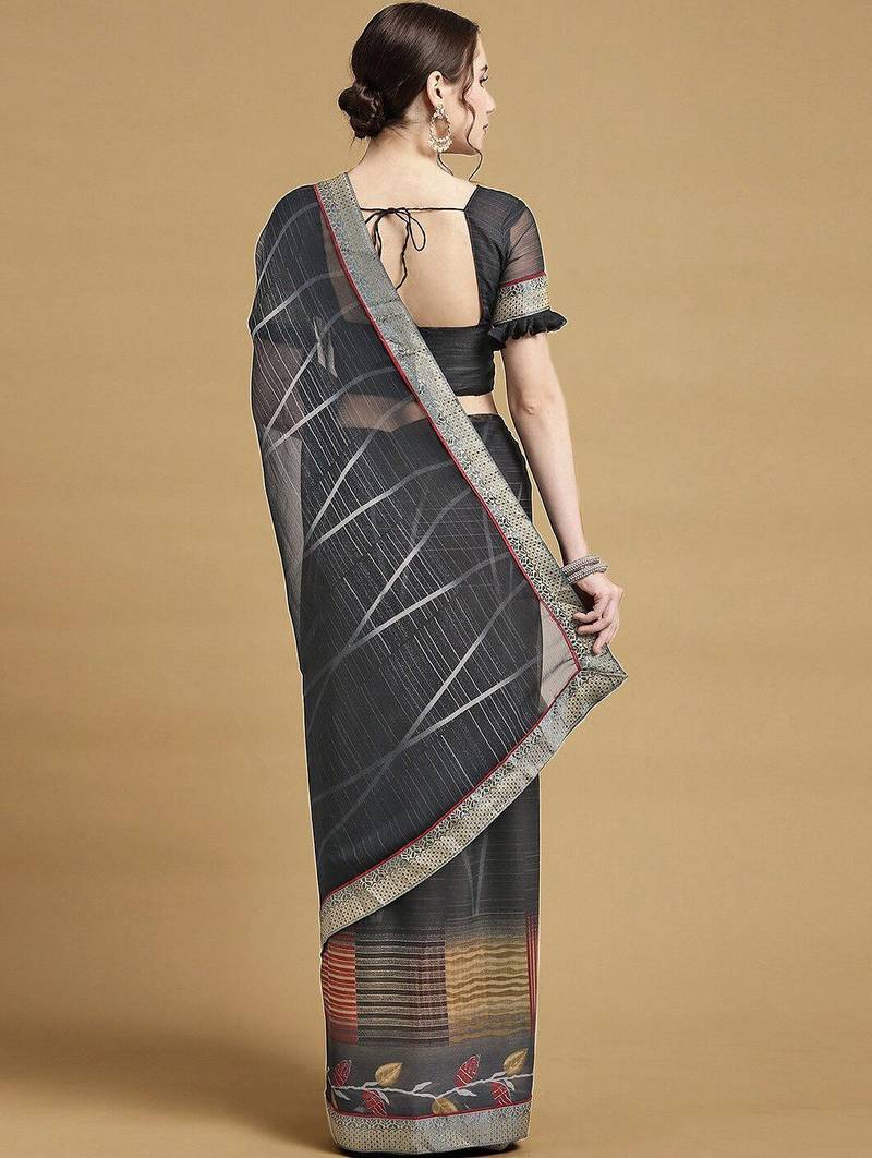 Women's black chiffon geomatric print chiffon saree with blouse
