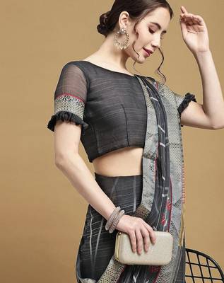 Women's black chiffon geomatric print chiffon saree with blouse 4
